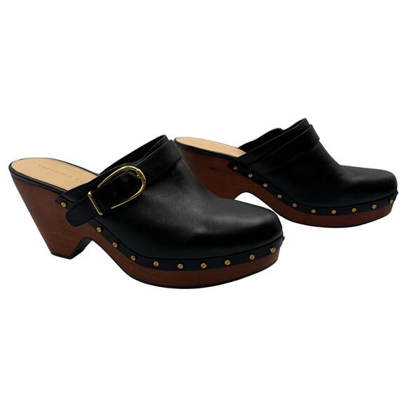 Veronica Beard Hendrix Studded Buckled Wooden Heel Leather Clogs Mules Black 12M - Picture 1 of 10